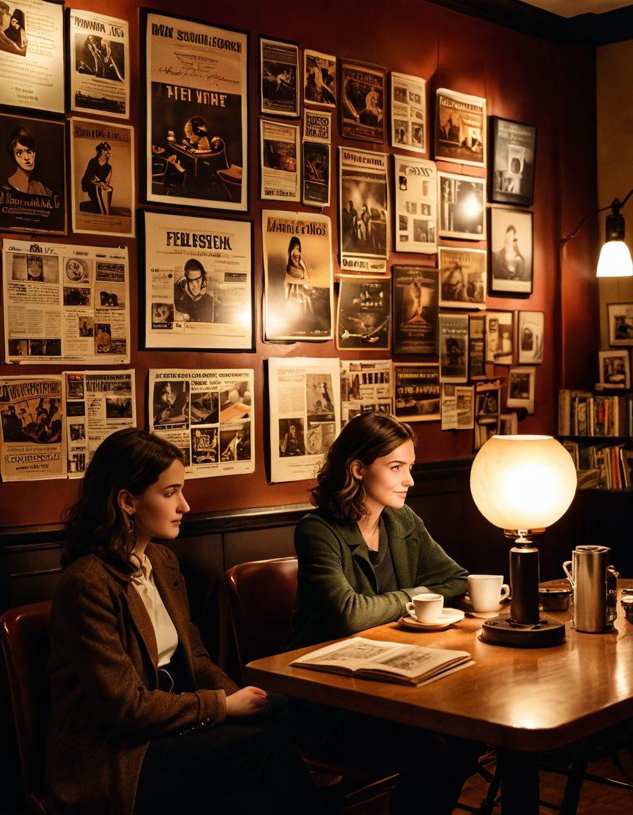 A cozy, dimly-lit cafe scene featuring two people seated across from each other, engaged in animated conversation over coffee, surrounded by film posters on the walls. A vintage projector casting a movie reel in the background adds a cinematic touch. Warm lighting enhances the intimate atmosphere, while books and a film camera are scattered on the table. super-realistic. warm tones. inviting ambiance.