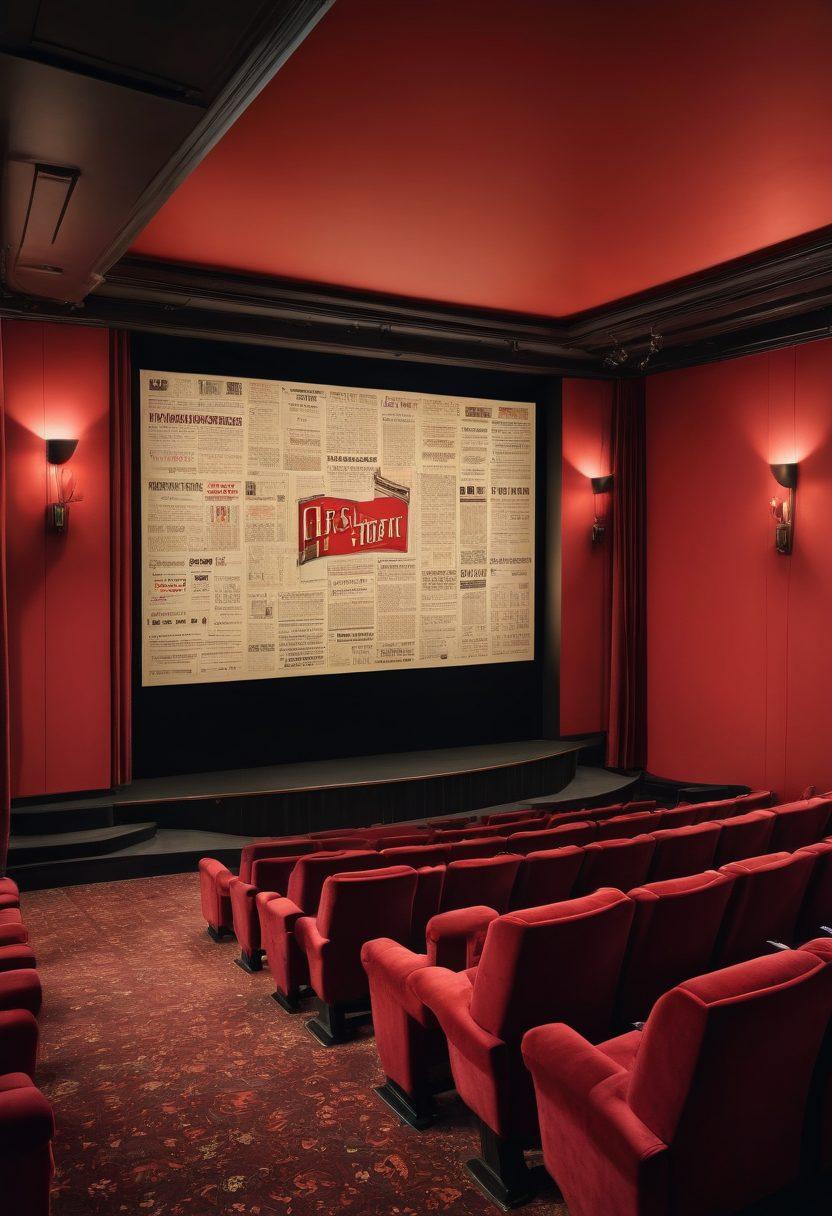 A vintage cinema hall with a large screen showcasing a classic film scene, surrounded by rows of plush red velvet seats. In the foreground, a diverse group of film enthusiasts passionately discussing film critiques, with books and notepads scattered around. Soft, warm lighting cascades over the scene, enhancing the nostalgic atmosphere. The walls adorned with iconic movie posters. cinematic style. warm tones. super-realistic.