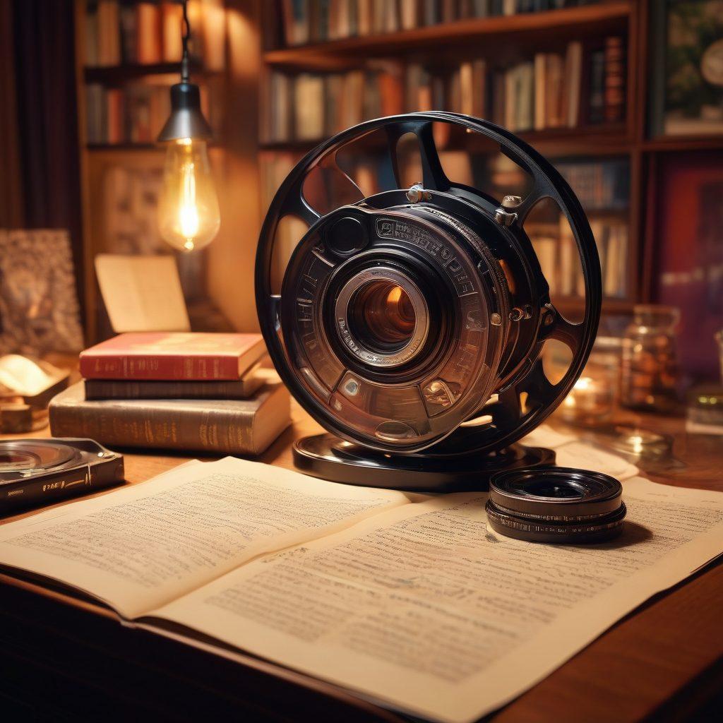 A beautifully arranged film reel with vibrant movie stills scattered around, showcasing various genres like drama, action, and romance. In the background, a vintage camera captures the essence of film analysis, with notes and books on cinematic techniques elegantly placed beside it. Soft, warm lighting enhances the inviting atmosphere, inviting viewers into the world of thoughtful exploration. super-realistic. vibrant colors. warm lighting.